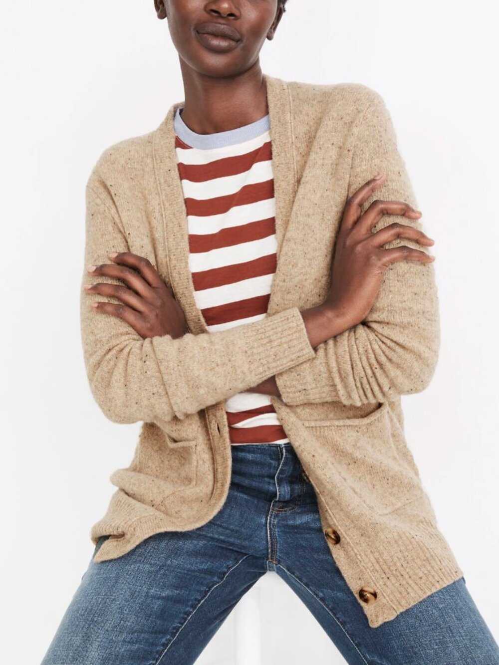 Madewell 100% Merino Wool Cardigan Donegal Maysfield  XS Oatmeal Speckled V Neck